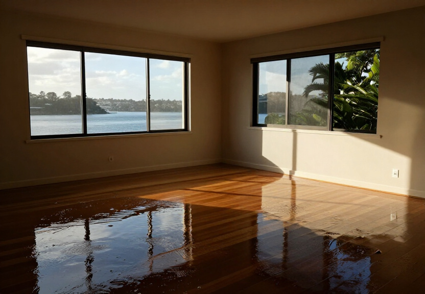 Flood-damaged living room in Padstow Heights before restoration